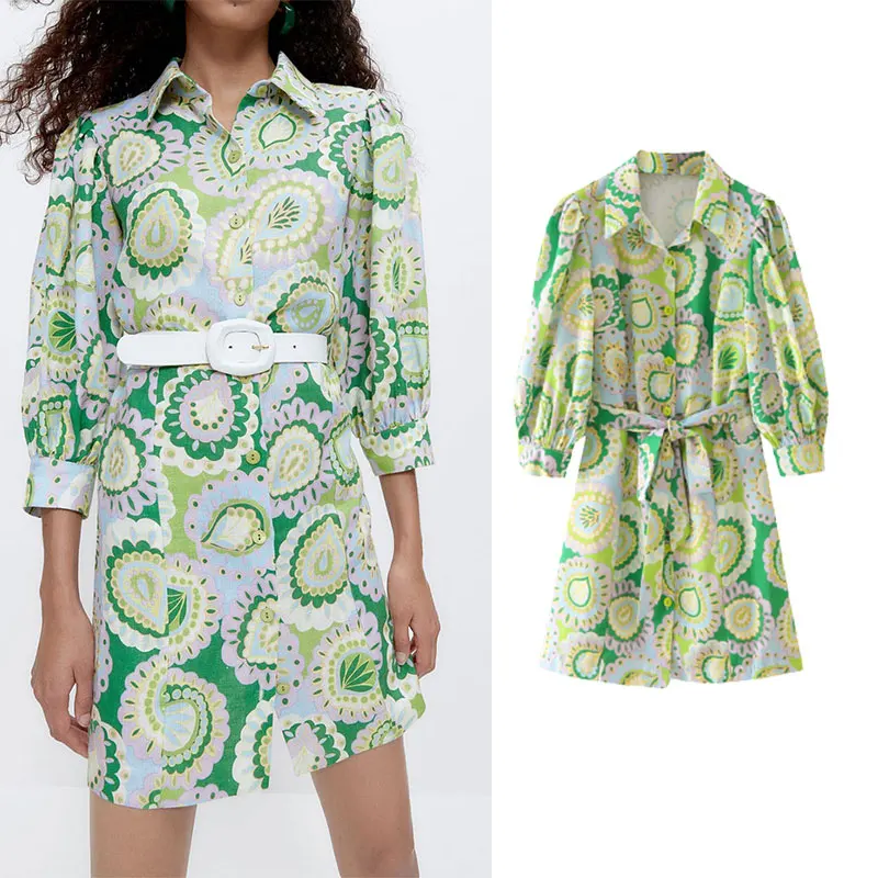 

Женское платье с принтом Za, повседневное винтажное платье-мини из дышащего льна с пышными рукавами и поясом, лето 2021