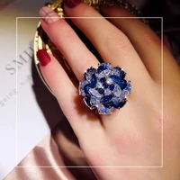 925 rings for women cubic zirconia blue flower rotate open ring adjustable index finger ring vintage fine jewelry