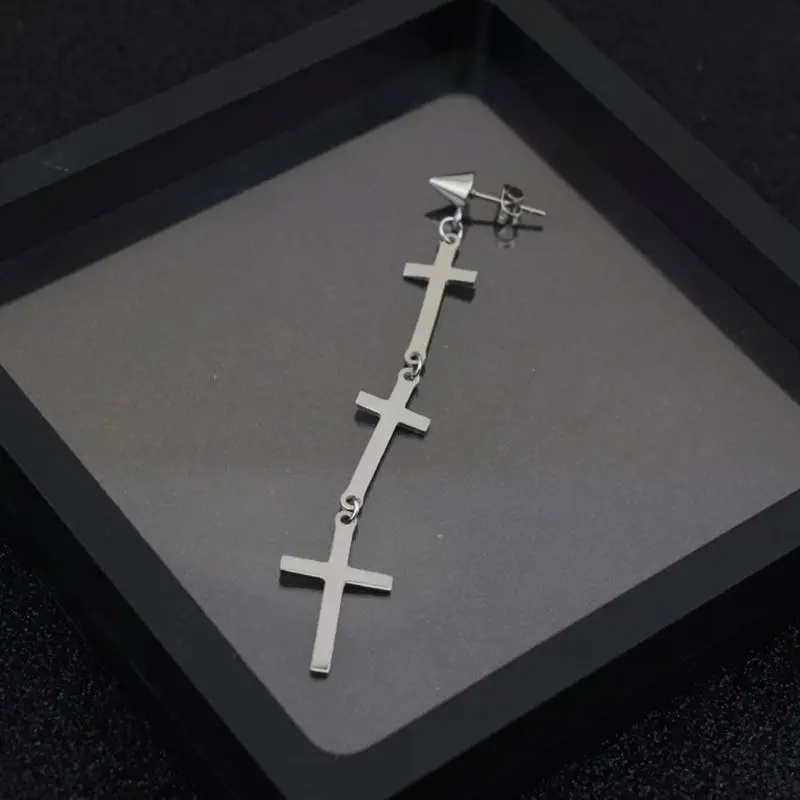 

1 Pair Stainless Steel Asymmetric Drop Earrings with Dangle Cross for Men Women E56A