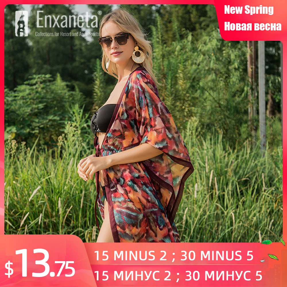 Женское пляжное платье ENXANETA шифоновое бикини с длинным рукавом и принтом накидка