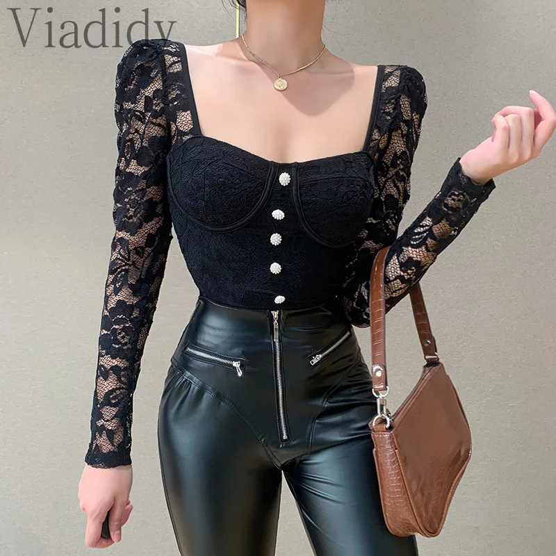 

Women Long Sleeve Lace Tshirt Spaghetti Strap Square Collar Street Style Crop Corset