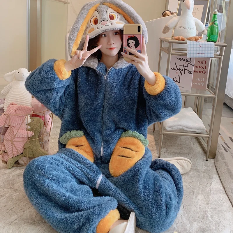 Female Animal Sleepwear Winter Zipper Flannel Pajamas Cute Women Loose Casual Kawaii One-Piece Cartoon Plush Hooded Nightgown