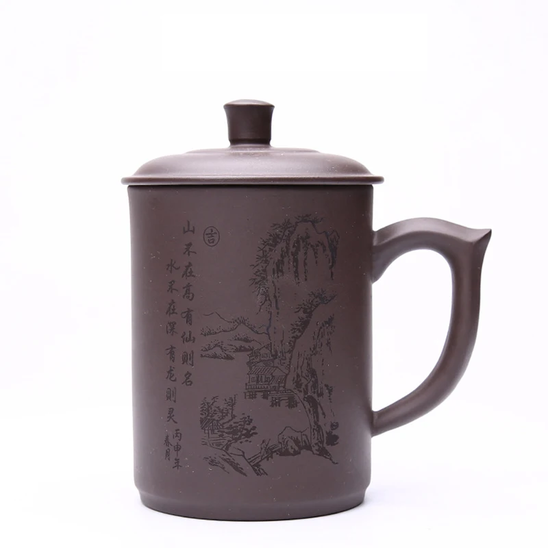 

470ML Yixing Purple Clay Teacup Hand Painted Vintage Scenery Pattern Mug with Lid Kit Authentic Raw Ore Zisha Coffee Milk Cups