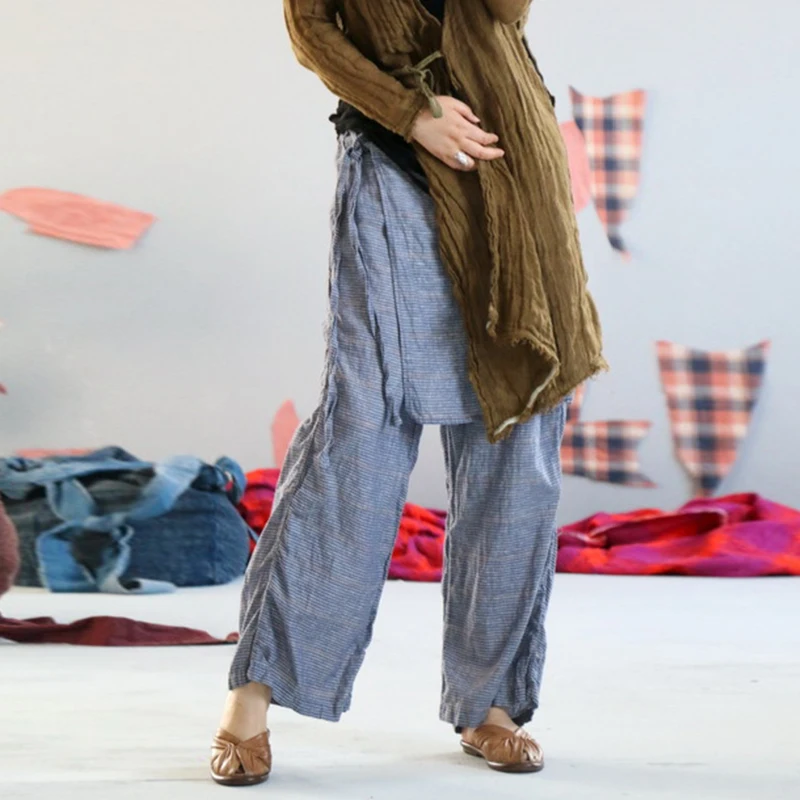 

2020 New Women Ankle-Length Pants Loose Linen Striped Asymmetric Pants Original Designer Plus Size Elastc Waist Skirt
