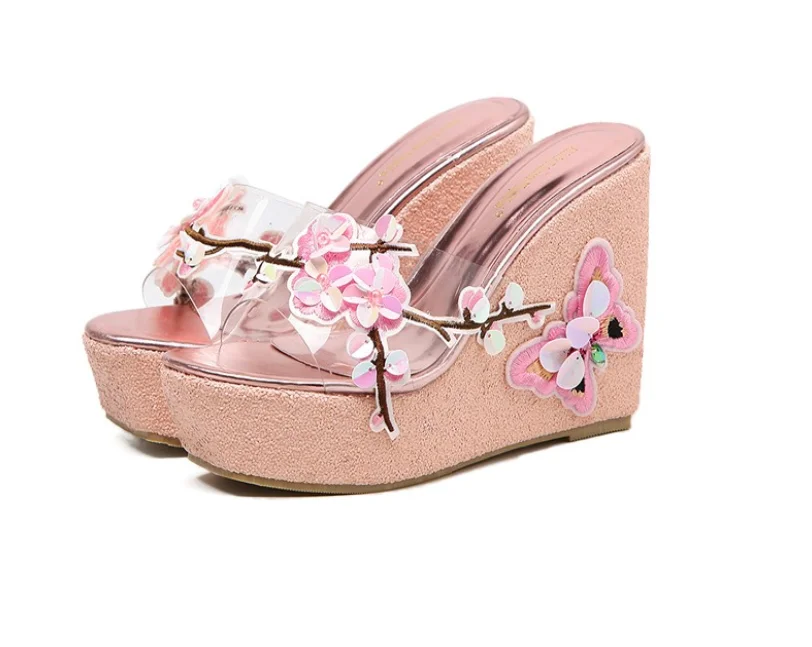 

Womens Peep Toe Slipper Platform Flowers Butterfly Embroidery Clear Transparent Wedge High Heel Sequins Sandals Shoes Muffin New