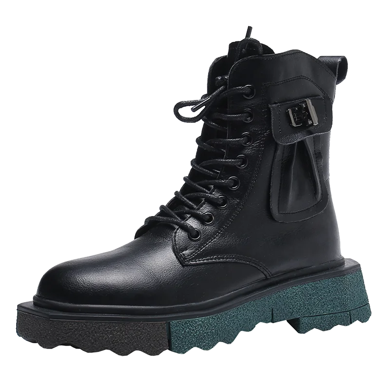 

New Black Punk Women Ankle Platform Motorcycle Boots Women Lace Up Chunky Heel Belt Buckle Pocket Designer Shoes Women