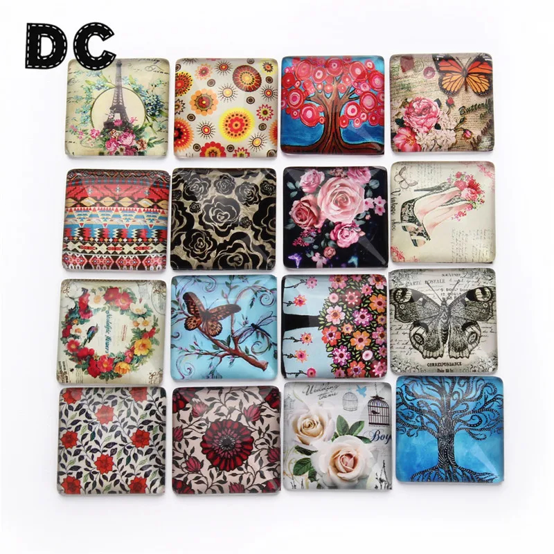 

DC 20 шт./лот 25 мм бабочки и цветы случайный ручной работы квадратные плоские стеклянные фото кабошоны для рамки ювелирные изделия