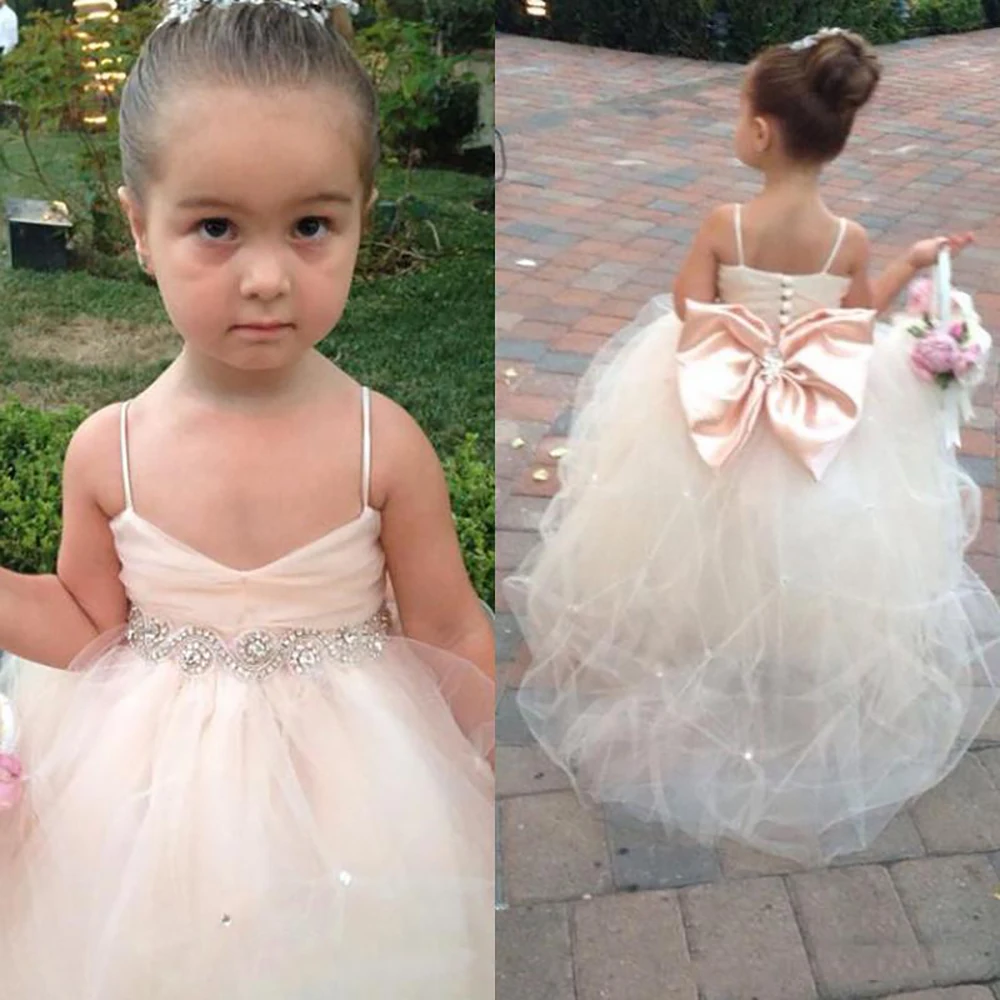 

Flower Girl Dresses White Ivory Champagne Kids Ball Gowns Sash Beading Belt Pageant Dress Spaghetti Sleeveless