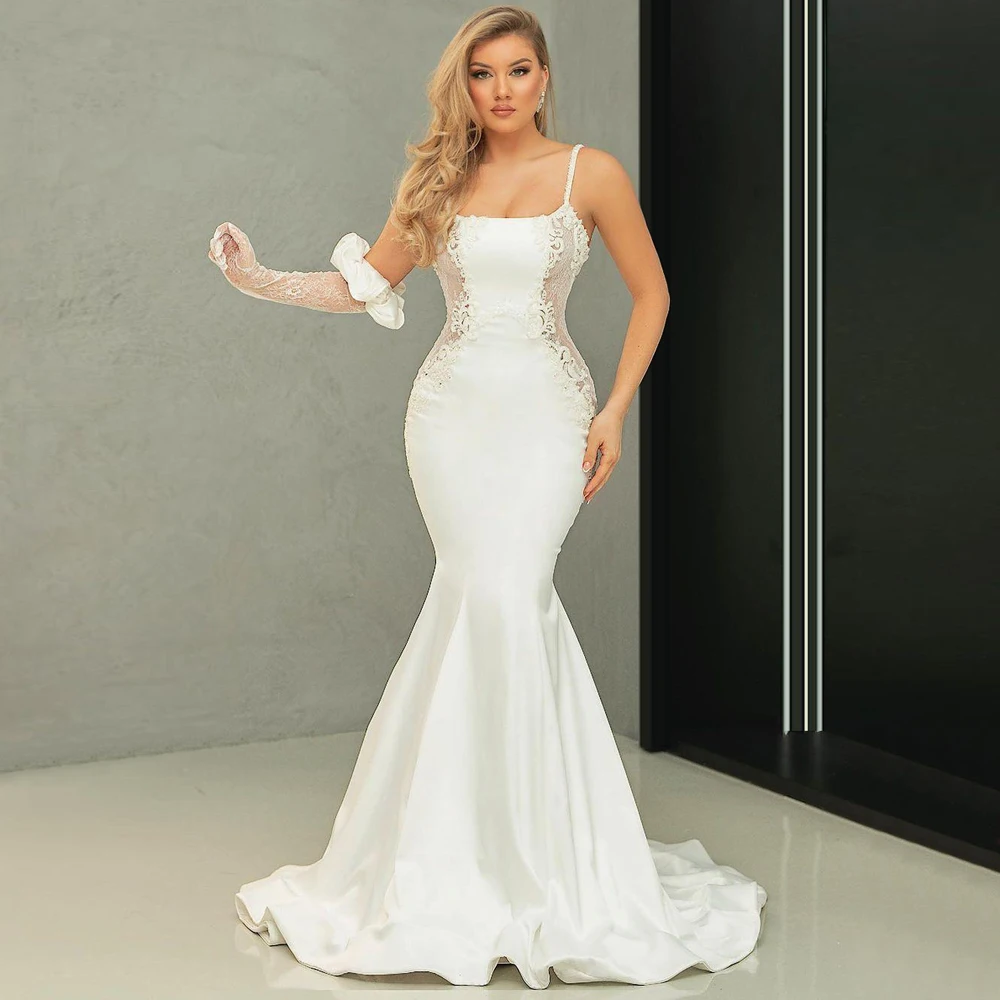 

Mermaid Wedding Dress Women Formal Party Gowns for Bride Floor-Length Spaghetti Straps See Thru Long Robe De Marie Soiré