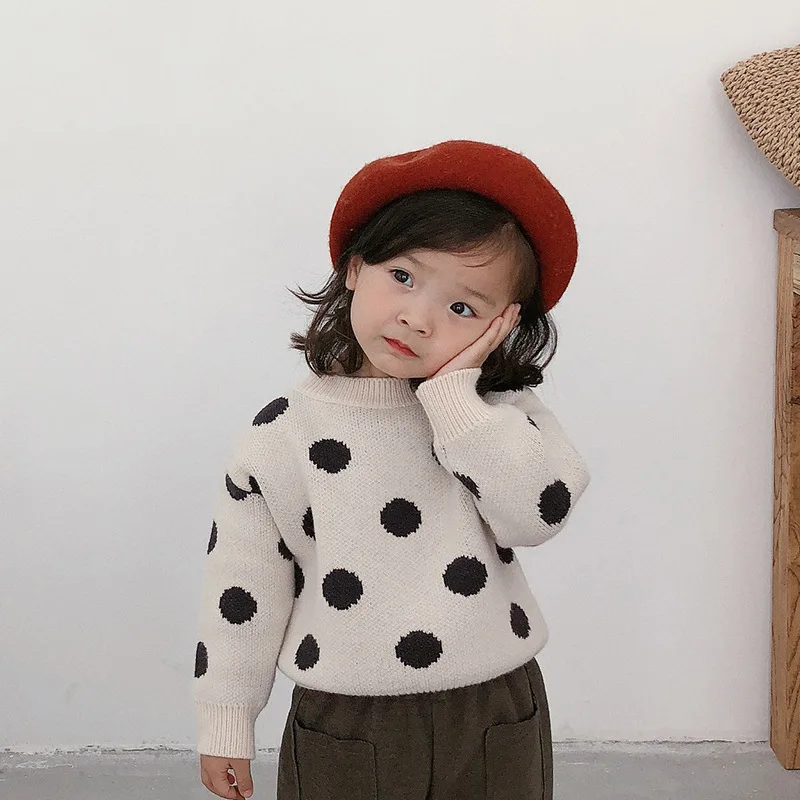 Милые зимние вязаные свитера в горошек с длинными рукавами для мальчиков и