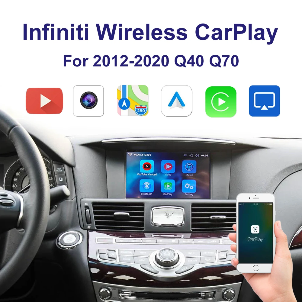 

Автомобильный интерфейс Carplay без записи, Поддержка Iphone, Android, Автомобильное видео Youtube для 2012-2020 Infiniti Q40 Q70