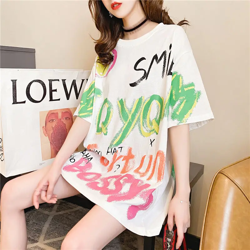 

QWEEK Letter Print Streetwaer Women T-shirt Summer Japanese Harajuku Graffiti Short Sleeve White Top 2021 Korean Style