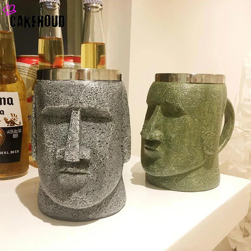 

Mugs Stone Island Cup Stainless Desktop With Corkscrew Steel Moai Coffee People Mug Tea Beer Resurrection Decoration Statue Moai
