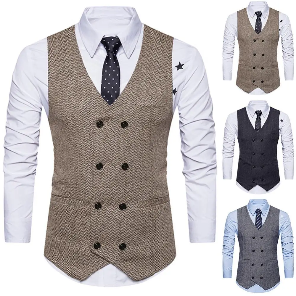 

Vintage Men Sleeveless Double-breast Herringbone Twill Waistcoat Business Vest