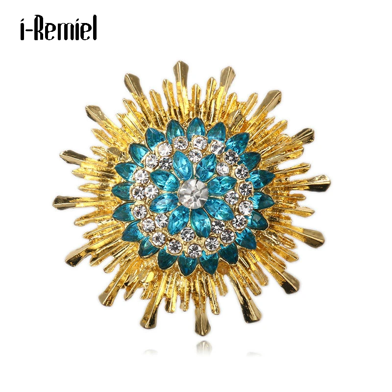 

Vintage Korean Sunflower Jewelry Brooch Pin Blue Crystal Rhinestone Metal Flower Women Buckle Clothing Accessories