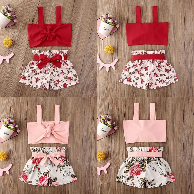 

New Summer Children Girls Clothes Set Kids Girl Casual Sleeveless Solid Color Sling Vest Tops+Floral Shorts Outfits Set Fashion