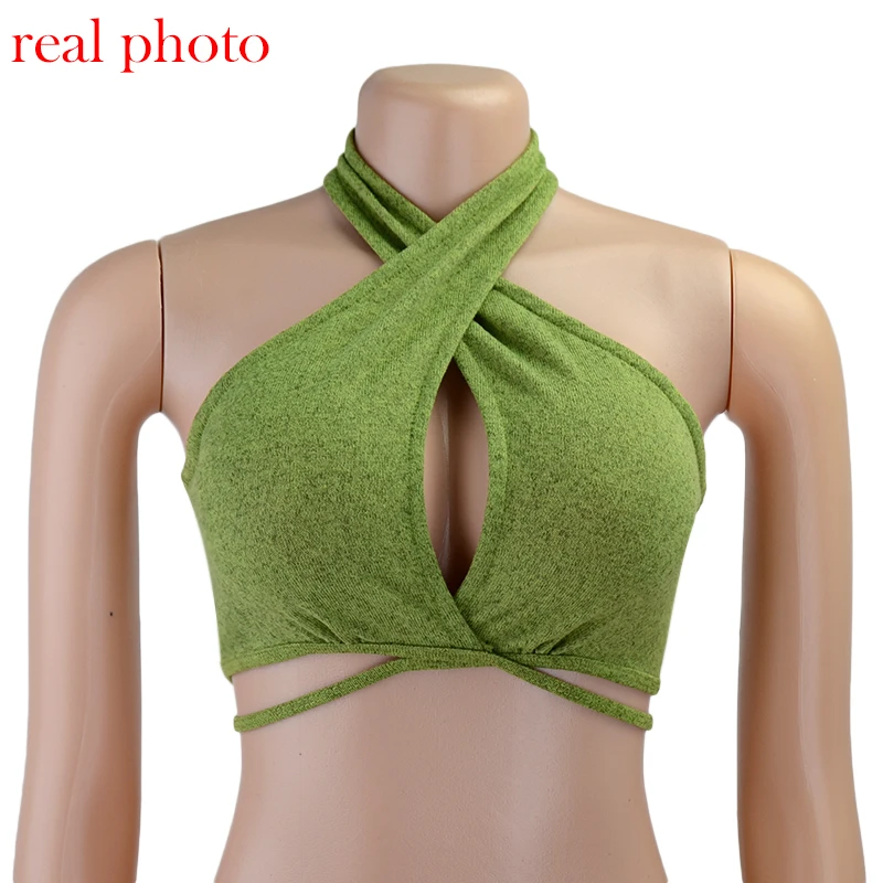 

Neehoya Green Sexy Bandage Halter Crop Tops for Women Sleeveless Backless Club Party Chic Wrap Cropped Top Slim Streetwear