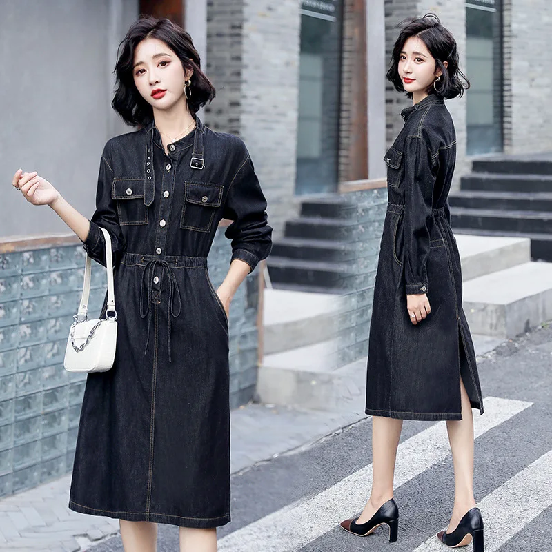

2021 Fashion Spring Autumn Casual Shirt Jeans Denim Dresses For Women Long Sleeve Button Midi-calf Vintage Vestidos T062