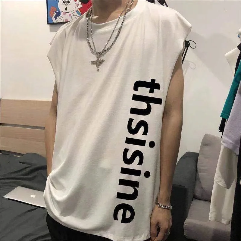 

2021 vest men's trend solid color personality sports outer wear sleeveless t-shirt loose trend wild hip-hop waistcoat