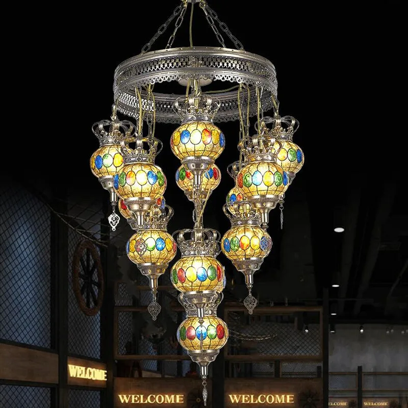 

Винтажные турецкие люстры E27, красочные стеклянные абажур ручной работы В индустриальном стиле, подвесная люстра с 1/7 головками для гостино...