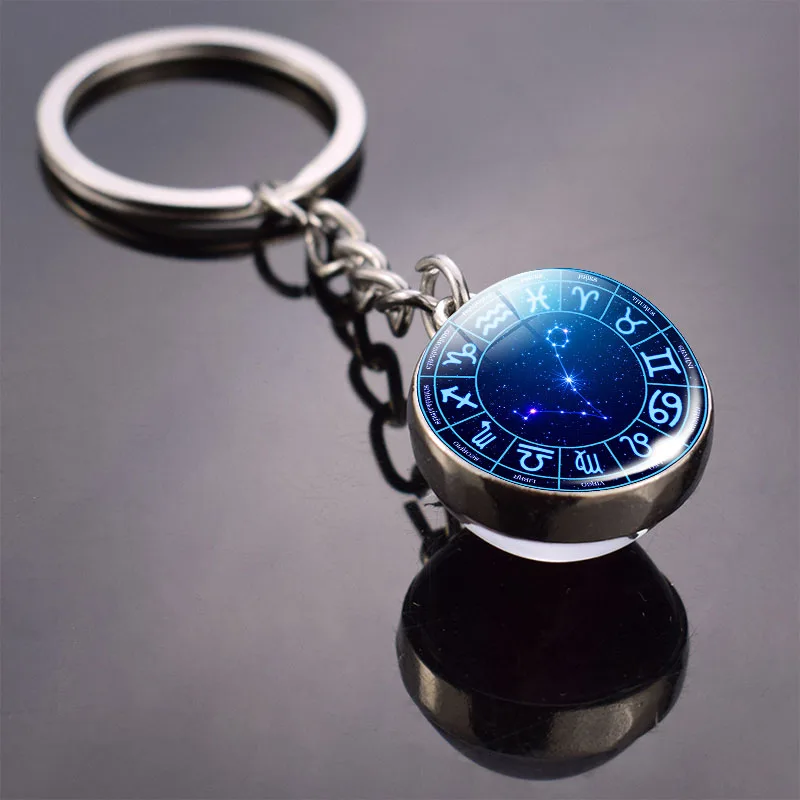 

Fashion Mens Womens 12 Constellations Keyring 12 Constellations Diagram Double Side Glass Ball Keychain Areis Leo Libra Pendant