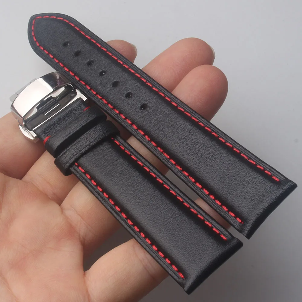 Ремешок из гладкой натуральной кожи для часов MIDO TISSOT SEIKO черный с красным стежком