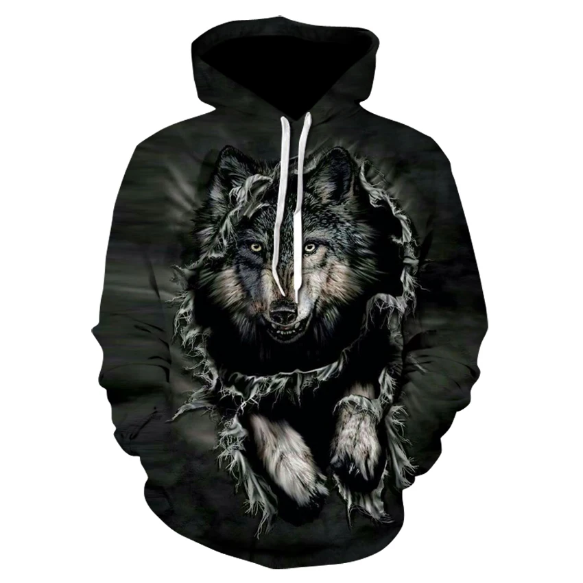 Мужские и женские толстовки черные в стиле панк с объемным рисунком волка