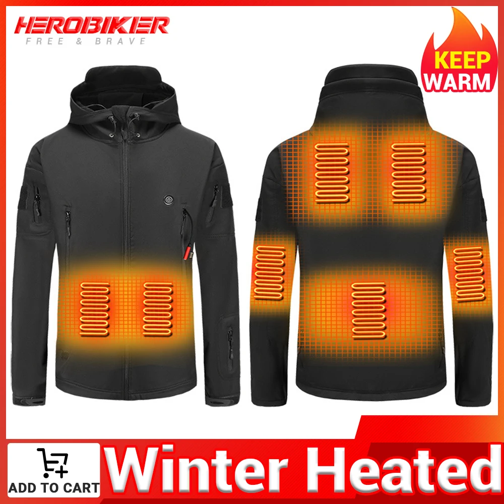 

HEROBIKER Winter Heating Jacket Skiing Hooded Jacket Motorcycle Windproof Hiking Keep Warm Bottom Fishing Heated Clothes Black