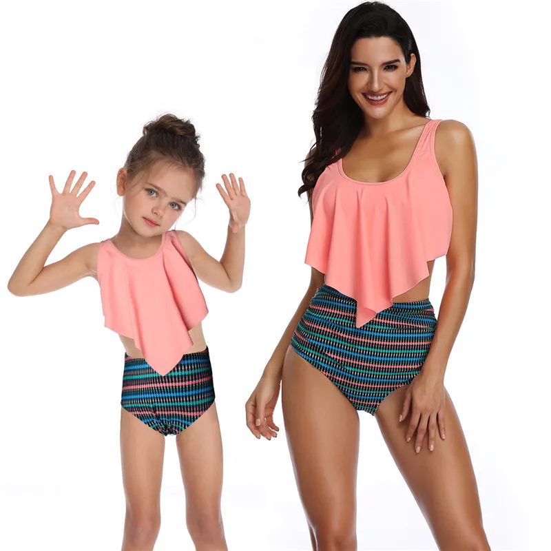 

High Waist Bikini 2020 Swimsuit Mom and Daughter Swimsuit Swimwear Women Children Baby Kids Beach Matching Family Bathing Suits