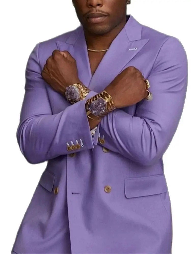 

Autumn Casual Light Purple Double Breasted Men Suits Sets Costume Blazer Trousers Groom Clothing Party Wear 2 Pcs Jacket+Pants