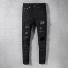 Мужские джинсы с заклепками, черные эластичные облегающие рваные джинсы в стиле панк, хип-хоп