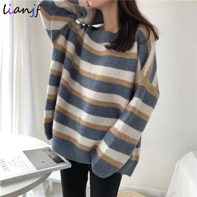 

New Vintage Striped Women's Sweater 2021 Korean Style Long Sleeve Top Harajuku Fashion Loose Hooded O-neck Casual Female Sweater