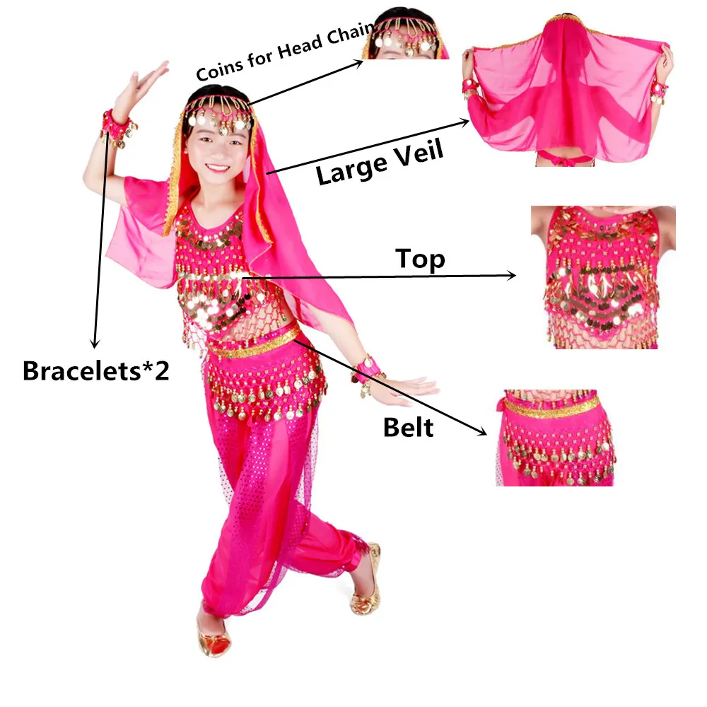6 Colors Children Belly Dance Costume Set Ballroom Dance Kids Top Hip Scarf Pants Belly Dance Accessories India Clothing Girls images - 6