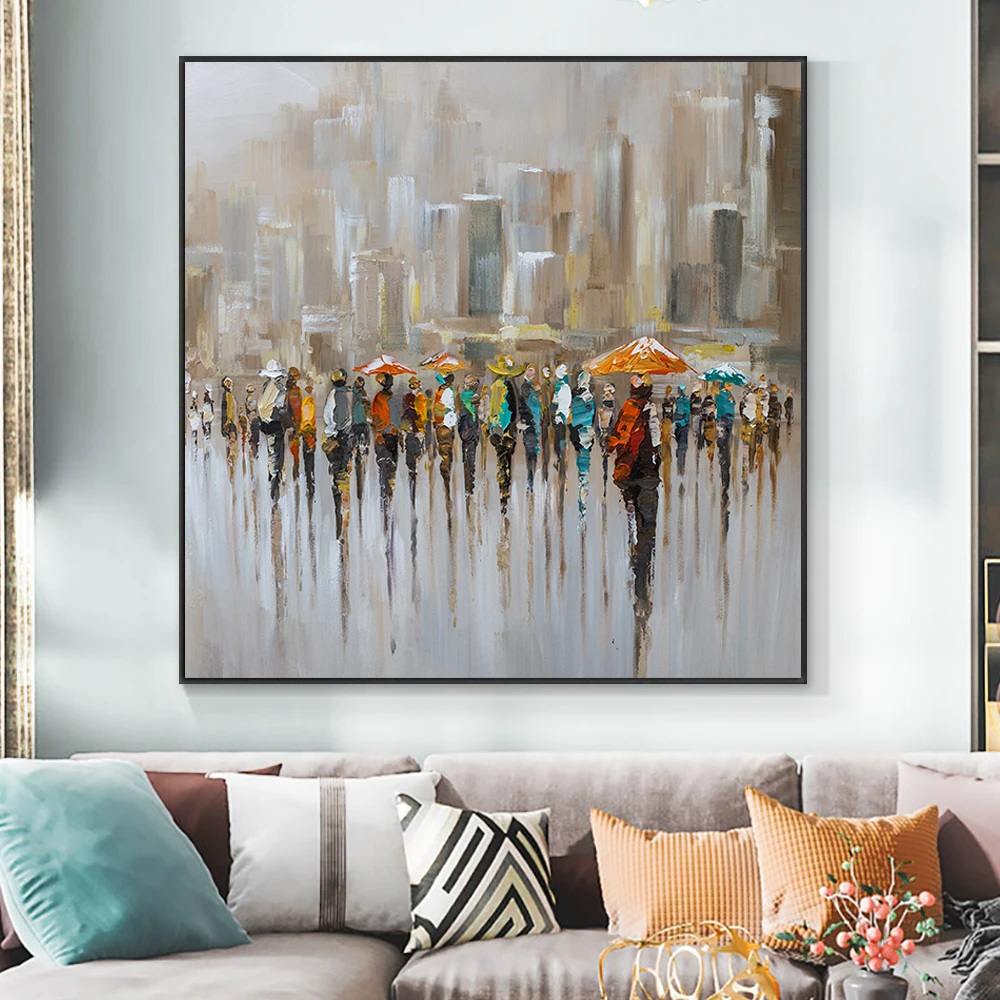 

Abstract People Walking On The Street With Umbrellas Oil Painting 100% Hand Painted On Canvas Handmade Wall Art For Home Decor
