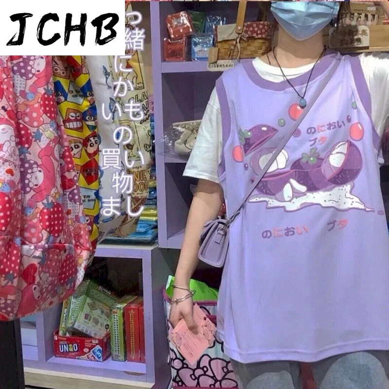 

2021 Japanese Ins Patchwork t Shirt Women Two Piece Streetwear Kawaii Tops Clothes Korean New O-neck Summer Tshirt