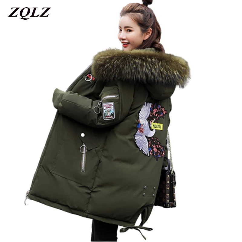 ZQLZ Womens Jackets Casual Hooded Cotton Winter Coat Women 2020 New Embroidery Faux fur Parkas Donna Black Dames Jassen Winter