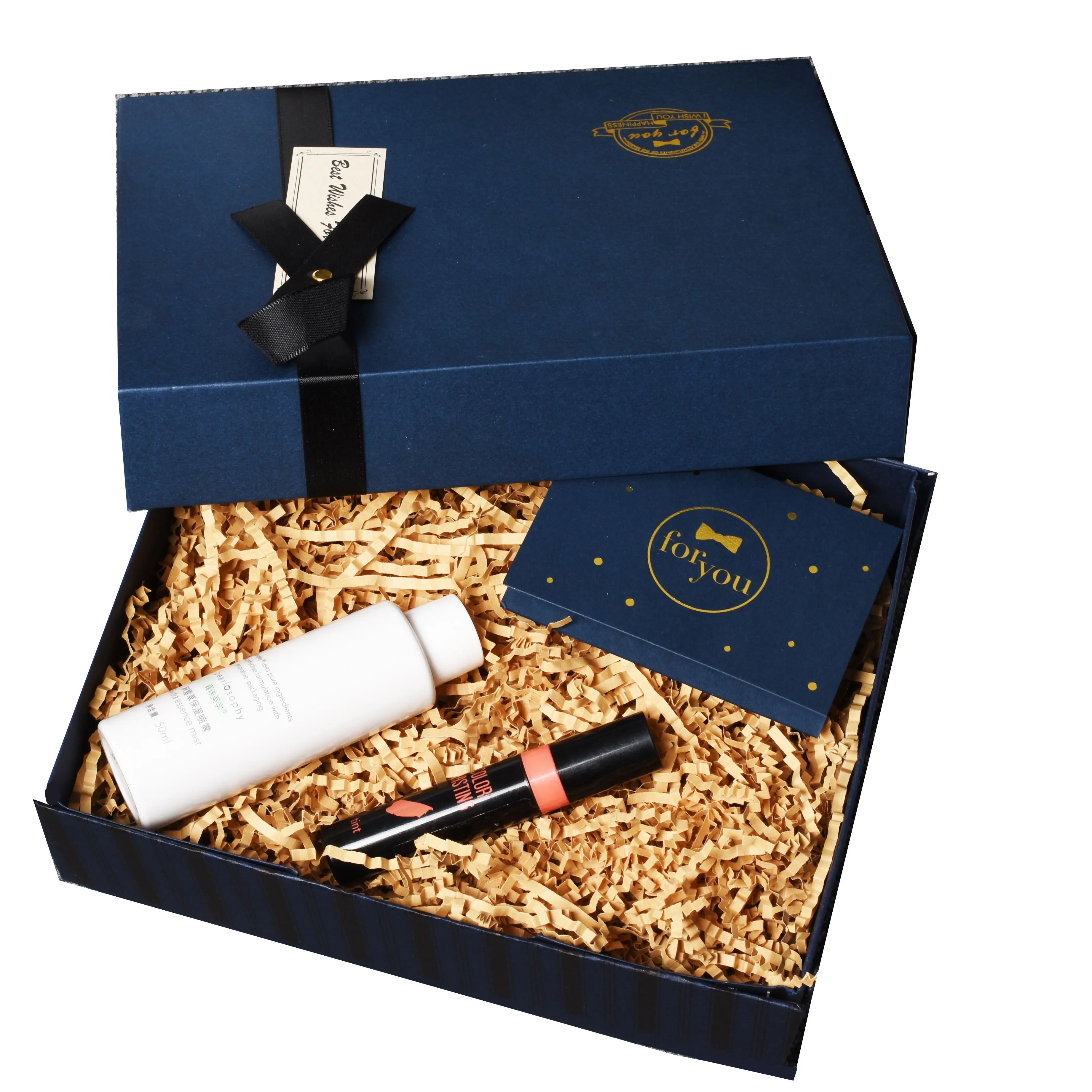 Темно-синяя Подарочная коробка с крышкой и лентой (Складная) 21x15x7 см пригодная для