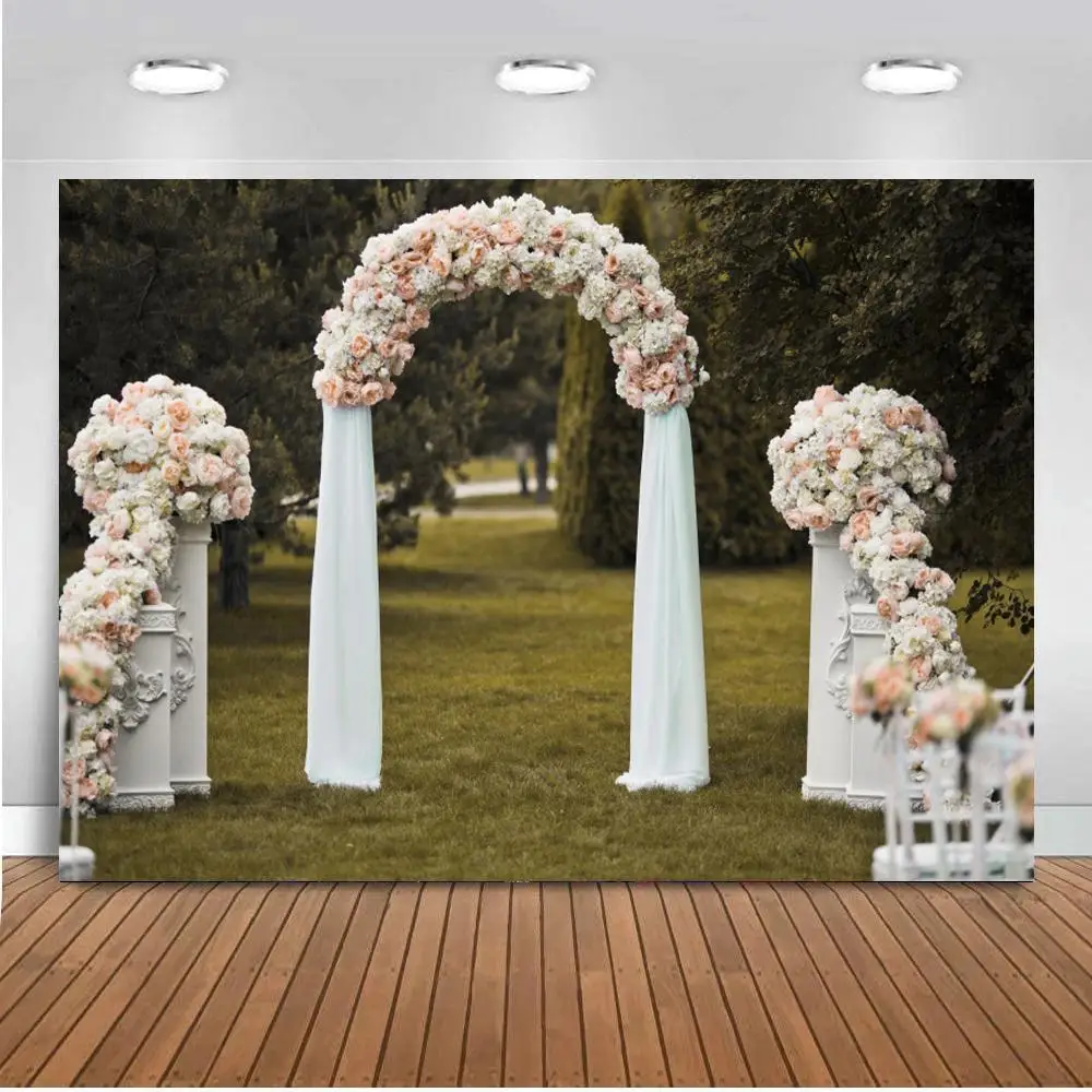 

Outdoor Graden Wedding Flowers Gate Decoration Photography Backgrounds Spring Forest Sweet Lovers Marriage Photographic Backdrop