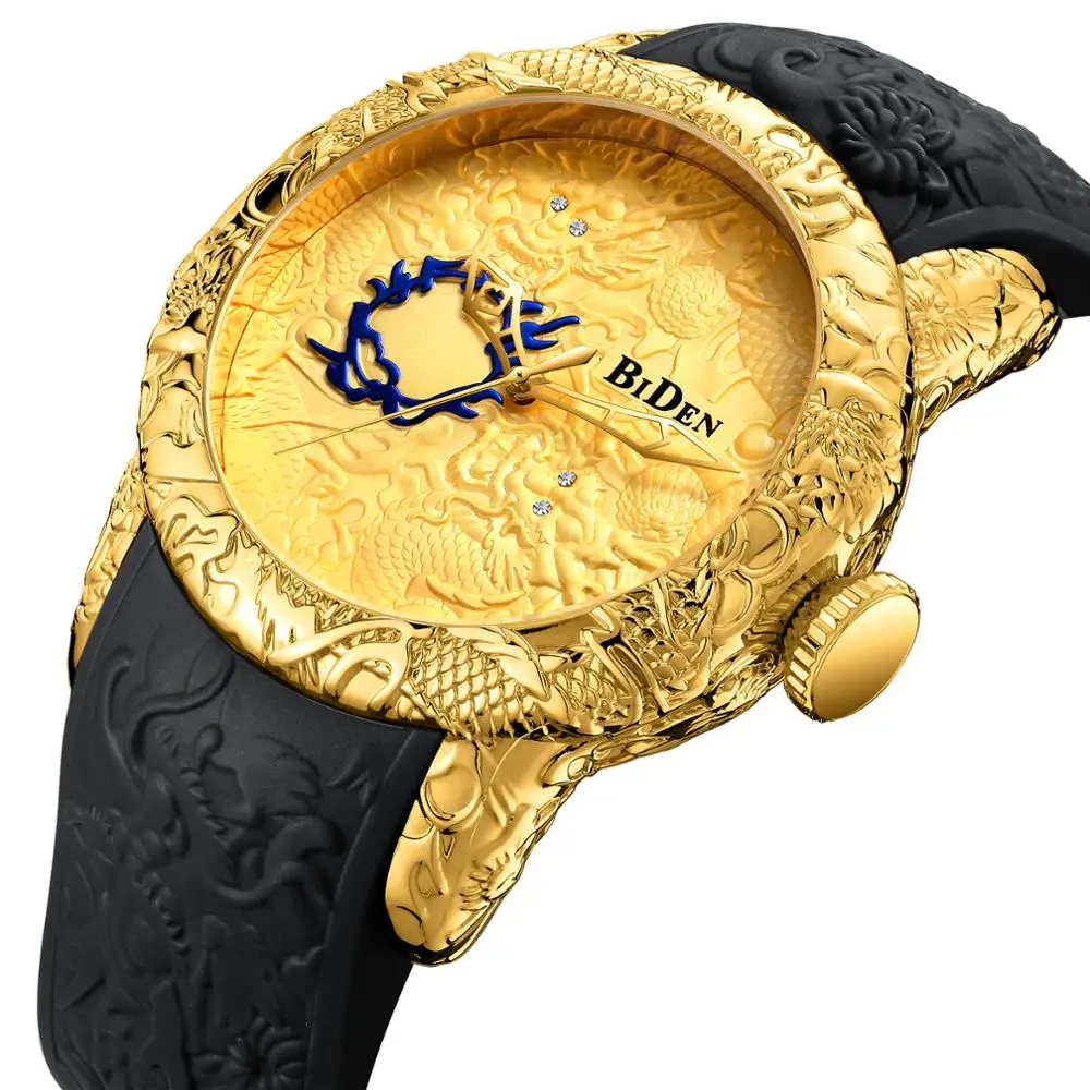 

BIDEN Men's Fashion Big Dial 3D Sculpture Dragon Watch Black Elegant Design