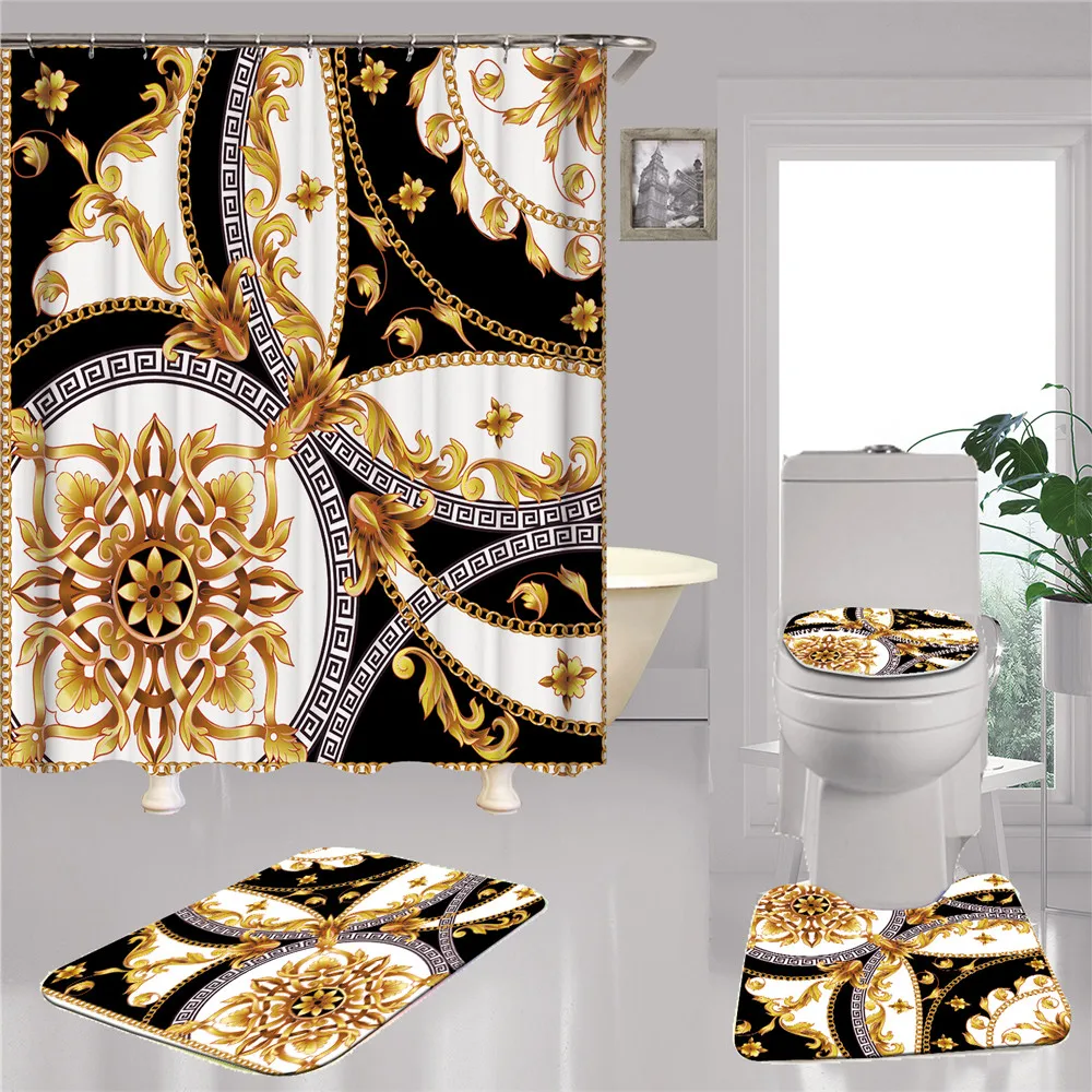 baroque pattern polyester shower curtains set gold non slip toilet set mat set waterproof bathroom accessories bath curtain 4pc free global shipping