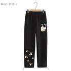 Брюки женские до щиколотки с высокой талией, модные повседневные свободные штаны в Корейском стиле с карманами, с мультяшным принтом кота, черные, лето 2021