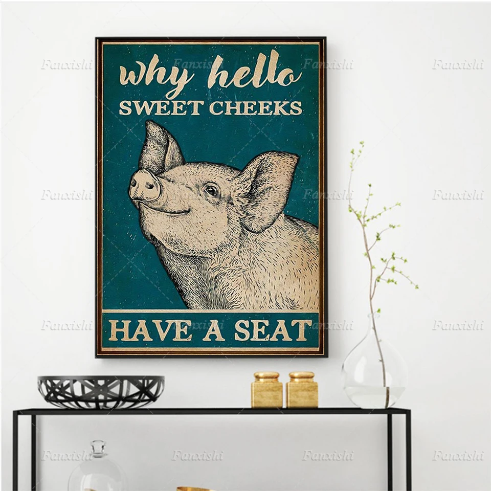 

Pig Why Hello Sweet Checks Have A Seat Poster Animal Wall Art Canvas Prints Nordic Retro Painting Pictures Toilet Bathroom Decor