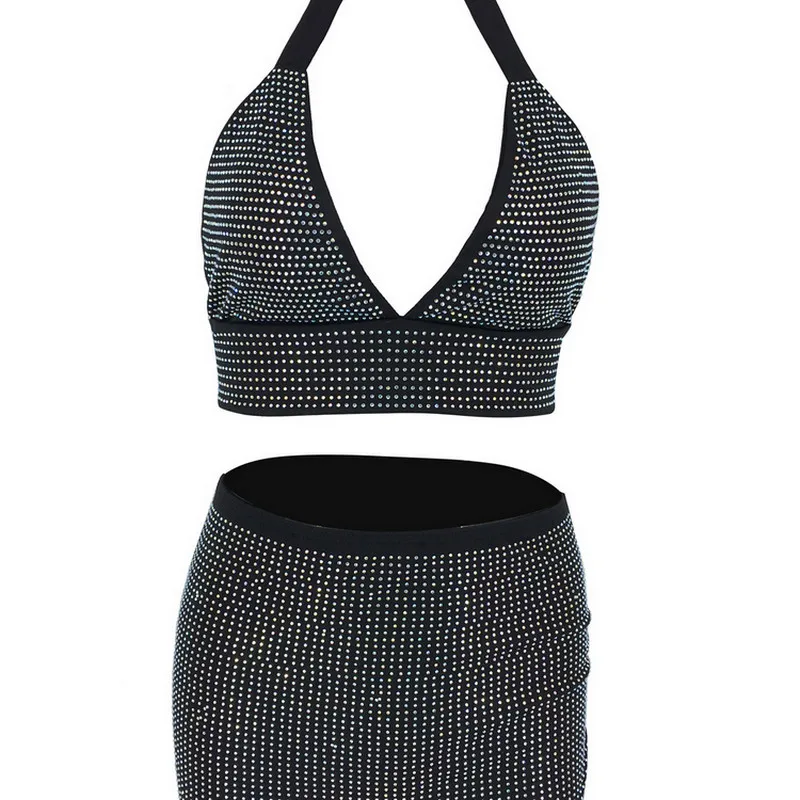 

2020 New Sexy Cropped Vest Wrapped Skirt Party Rhinestone Shinny Neck-Hanging Backless Tops Slim Half Skirt Womens Two Piece Set