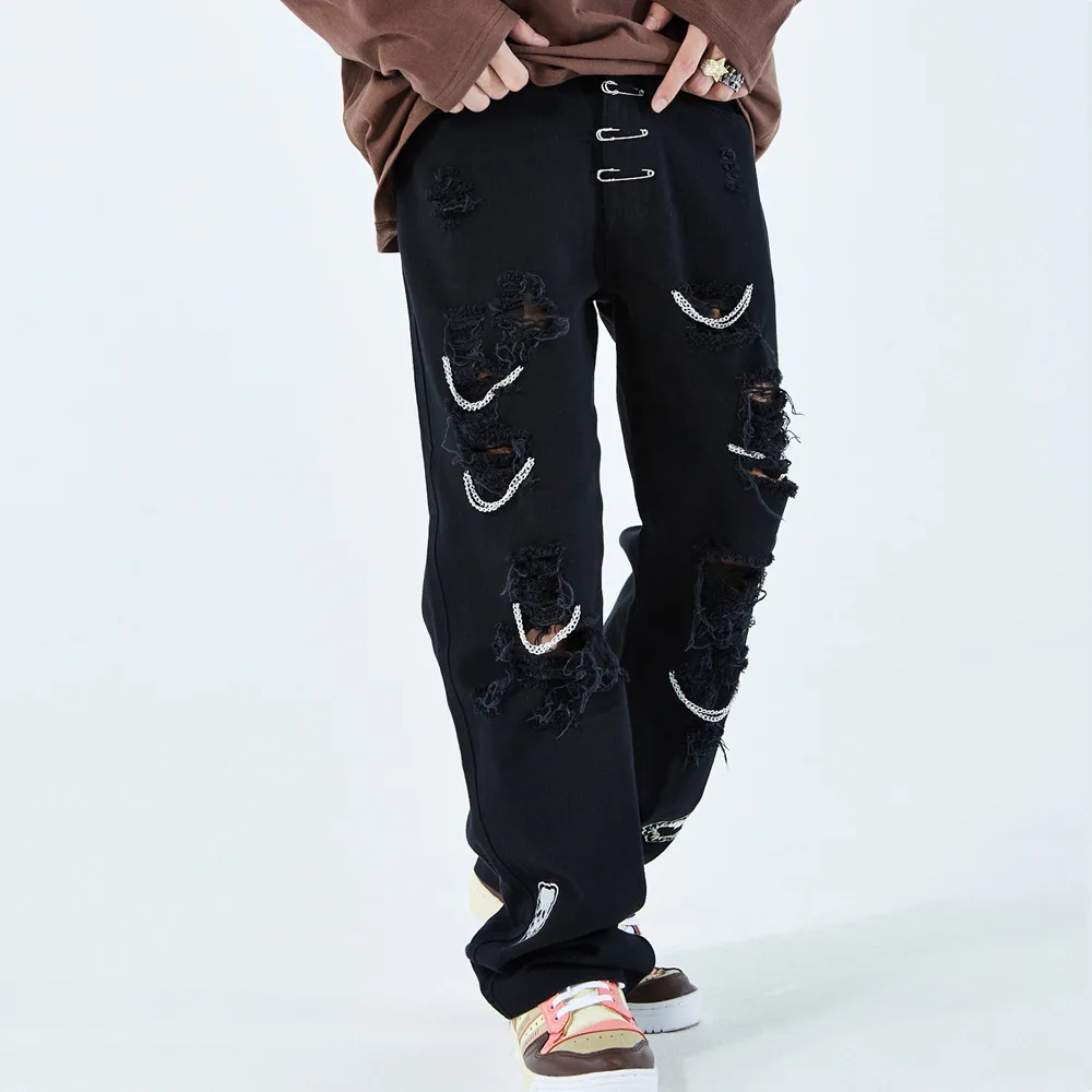 

EukaaRu Skull Embroidered Ripped Baggy Jeans Men Hip Hop Jeans Streetwear Loose Women Denim Jeans High Street Straight Pants