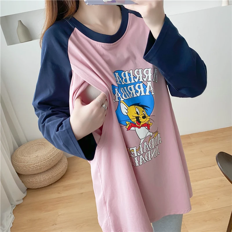 

Color-contrast Long Sleeve T-shirt Cartton Print Side Feeding Hole For Nursing Mom Cotton Autumn Spring Pregnant Clothes Top9103