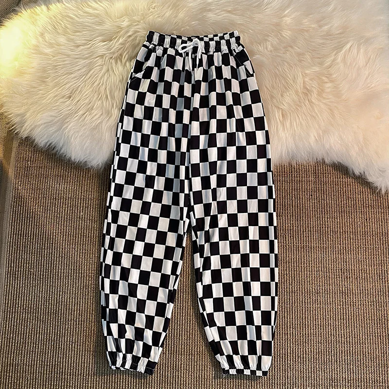 

Internet Celebrity Black and White Plaid Ankle Banded Pants Women's Loose All-Matching Hong Kong Style Korean Fashion Western