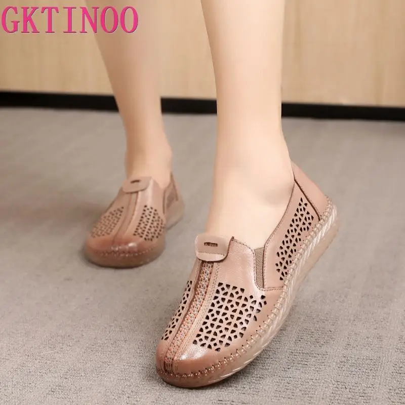 

GKTINOO 2021 Spring Summer Flats Women's Genuine Leather Retro Hollow-out Shoes Woman Flat With Comfortable Ladies Footwear