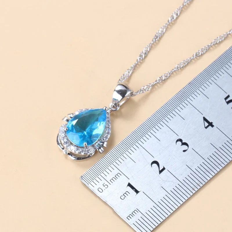 

925 Silver Wedding Engagement Jewelry Sets For Women Gift Sky Blue Cubic Zirconia Water Drop Bracelet And Ring 6-Colors Jewelry