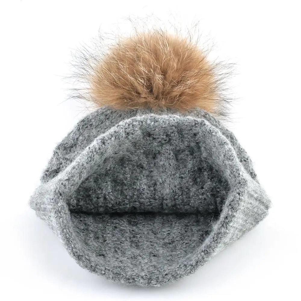 Женская зимняя шапка женская теплая вязаная шерстяная с шапкой из натурального