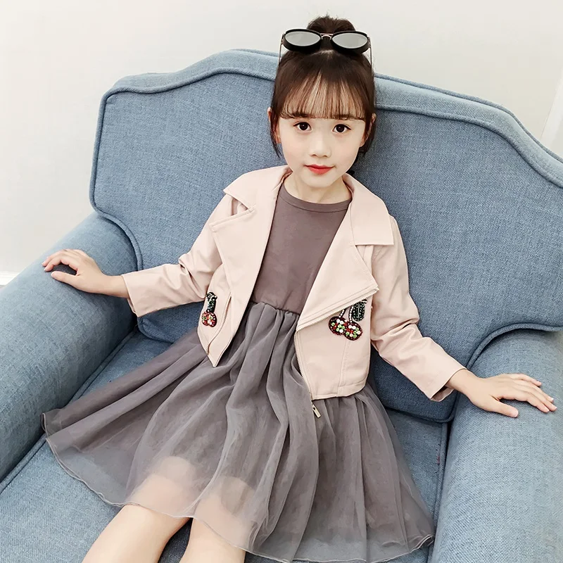 Одежда для девочек комплект одежды детей Изысканная осенняя одежда кожаная